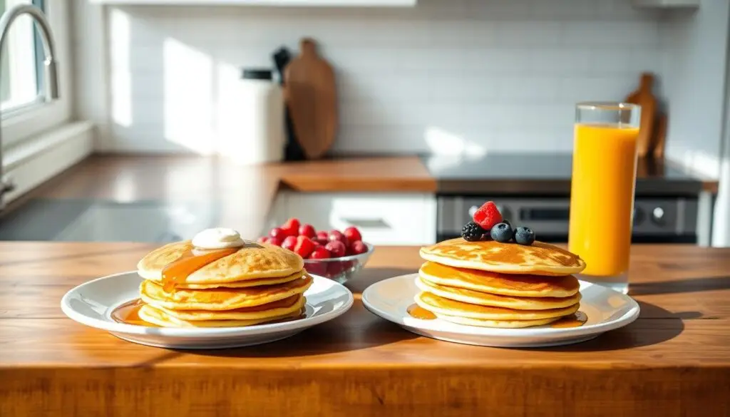 A brightly lit kitchen counter with a rustic wooden texture. On the surface, a variety of simple yet delicious breakfast items are neatly arranged: a stack of golden pancakes drizzled with maple syrup, a plate of crisp bacon, a bowl of fresh berries, and a glass of freshly squeezed orange juice. The lighting is soft and natural, creating a warm, inviting atmosphere. The scene captures the essence of &quot;Easy Breakfast Ideas Under $5&quot; - wholesome, budget-friendly, and visually appealing.