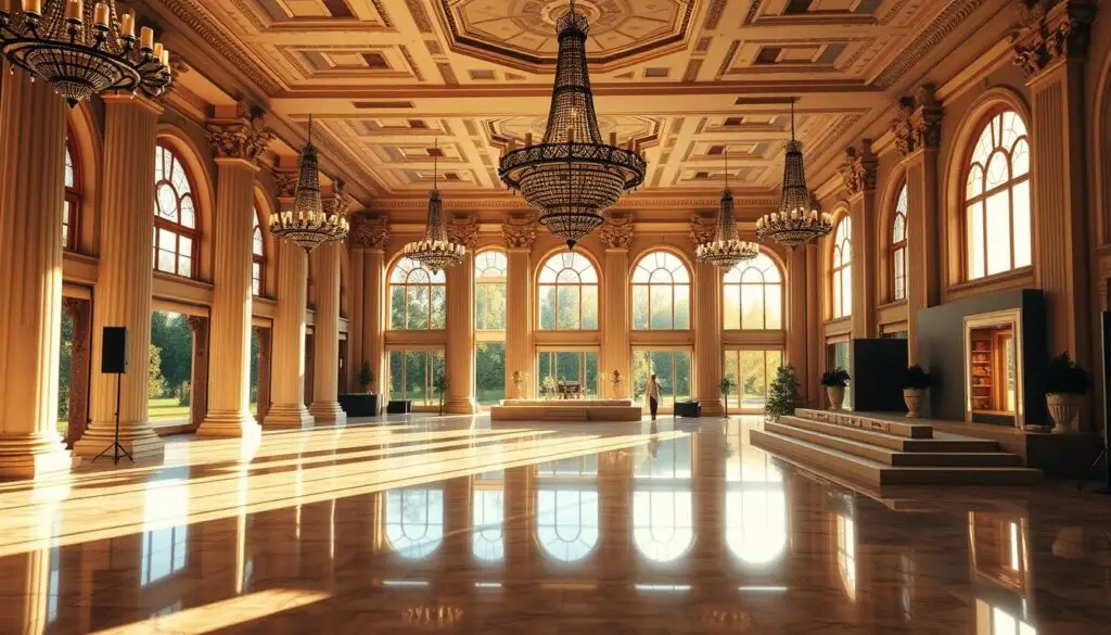 A grand ballroom with a historic charm, featuring ornate columns, intricate chandeliers, and a spacious dance floor. The room is bathed in a warm, golden light, casting a soft glow on the elegant decor. Marble floors and high ceilings create a sense of grandeur, while large windows offer a glimpse of the manicured gardens outside. The room's capacity is designed to accommodate a sizable gathering, with plush seating and a raised stage for performances. The overall aesthetic blends classic architectural elements with a touch of modern sophistication, reflecting the storied legacy and forward-thinking vision of the planned ballroom.
