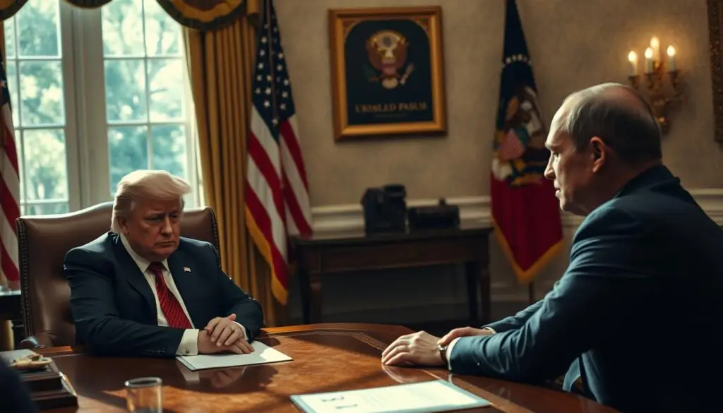 A high-angle, cinematic shot of a tense meeting between Donald Trump and Vladimir Putin, set against the backdrop of the Oval Office. Trump, leaning back in his chair with a pensive expression, seems to be declining a proposal for Ukraine missiles as Putin watches intently from across the table. The lighting is dramatic, with strong shadows and highlights that emphasize the gravity of the situation. The room is detailed, with American flags, presidential seals, and other symbols of power. The overall atmosphere conveys a sense of unease and political maneuvering, hinting at the complex geopolitical implications of their discussion.