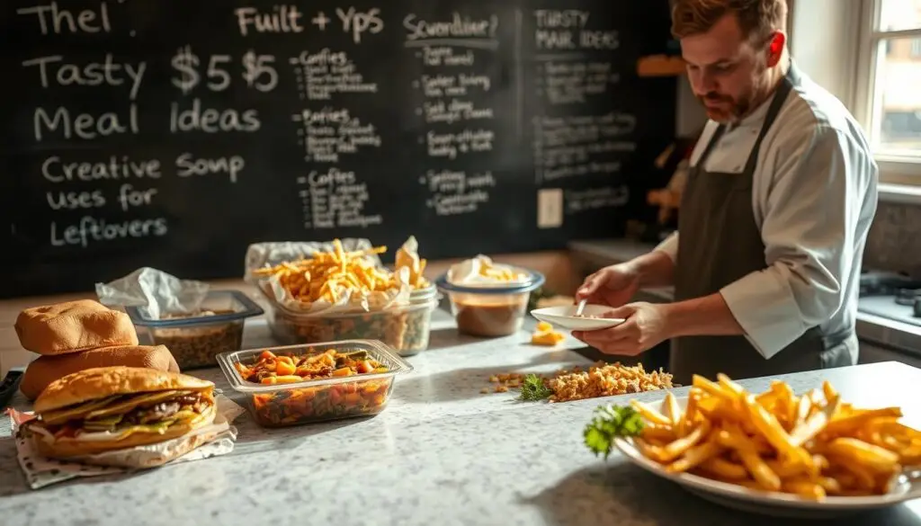 A kitchen counter overflowing with an assortment of leftovers - a half-eaten sandwich, a container of leftover stir-fry, a bowl of partially-consumed soup, and a plate with a few stray french fries. The scene is bathed in warm, natural light filtering through a nearby window, casting a cozy glow over the various culinary remnants. In the foreground, a creative chef's hands are actively transforming these leftover ingredients into an entirely new dish, perhaps a hearty casserole or a flavorful fried rice. The middle ground captures the thoughtful expression of the chef as they meticulously combine the disparate elements. In the background, a chalkboard wall displays handwritten recipe ideas for &quot;Tasty $5 Meal Ideas&quot; and &quot;Creative Uses for Leftovers&quot;, hinting at the culinary ingenuity to come.