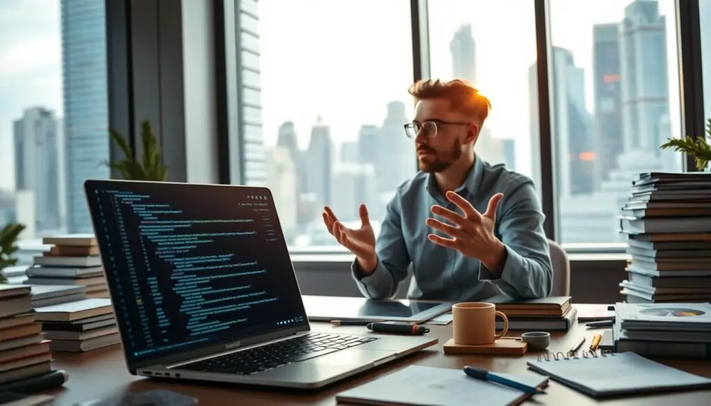 A modern office workspace with large windows overlooking a bustling city skyline. In the foreground, a laptop displays an open ChatGPT interface, with lines of code and data visualizations. A person is engrossed in conversation with the AI assistant, gesturing animatedly. Surrounding the desk are stacks of books, notepads, and various office supplies, hinting at the diverse applications of the technology. The lighting is a mix of natural daylight and warm, task-focused illumination, creating a productive and collaborative atmosphere. The perspective is slightly elevated, giving a sense of overview and the widespread impact of ChatGPT in the real world.