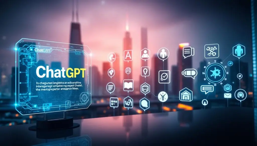 A vibrant and dynamic scene showcasing a comparative analysis of ChatGPT and other AI tools. In the foreground, a holographic display presents ChatGPT, its natural language interface and capabilities shimmering with digital energy. In the middle ground, various other AI assistants and tools are represented by glowing icons, each with its own distinct visual style and functionality. The background features a sleek, futuristic cityscape, with skyscrapers and holograms illuminating the scene. Diffused lighting creates a sense of depth and atmosphere, while the composition emphasizes the contrast and interplay between the different AI technologies. The overall tone is one of innovation, progress, and the ever-evolving landscape of artificial intelligence.