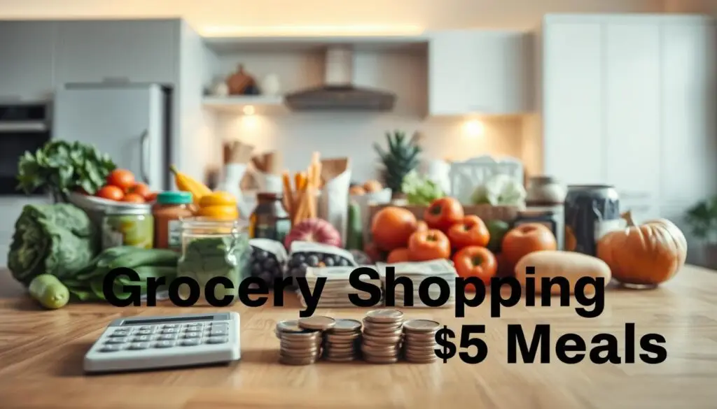 A well-lit, high-resolution photograph of a wooden table with various grocery items arranged neatly, including fresh produce, canned goods, and a calculator. In the foreground, a stack of cash and coins, symbolizing a $5 budget. The middle ground features a pair of hands selecting items, showcasing the decision-making process. The background depicts a clean, minimalist kitchen setting with warm, inviting lighting. The overall mood is one of efficiency, thoughtfulness, and budget-consciousness, reflecting the &quot;Grocery Shopping Tips for $5 Meals&quot; theme.